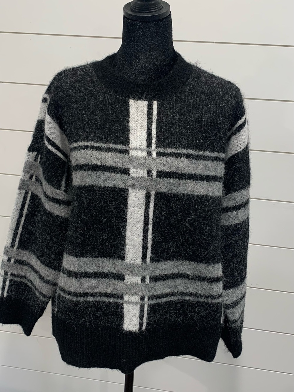 Vince Camuto Black & Gray Fuzzy Plaid Crewneck Sweater